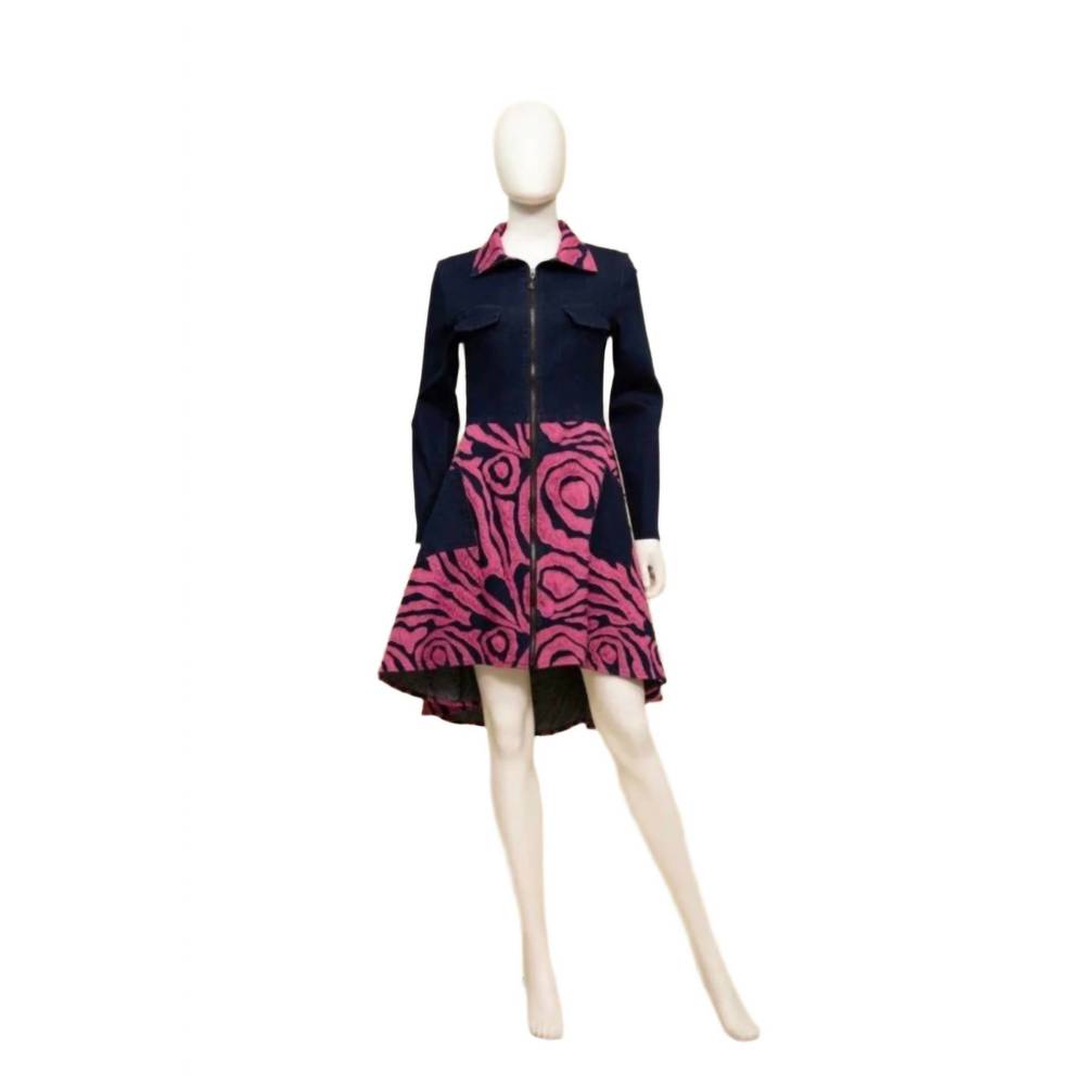 NEW SAMUEL DONG women's laser cut stretch denim zip jacket in blue/ bougainville